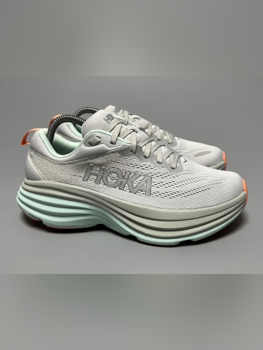 Size. 7.5Hoka Women's Light Gray & Mint Road-Running Sneakers with Coral Accents